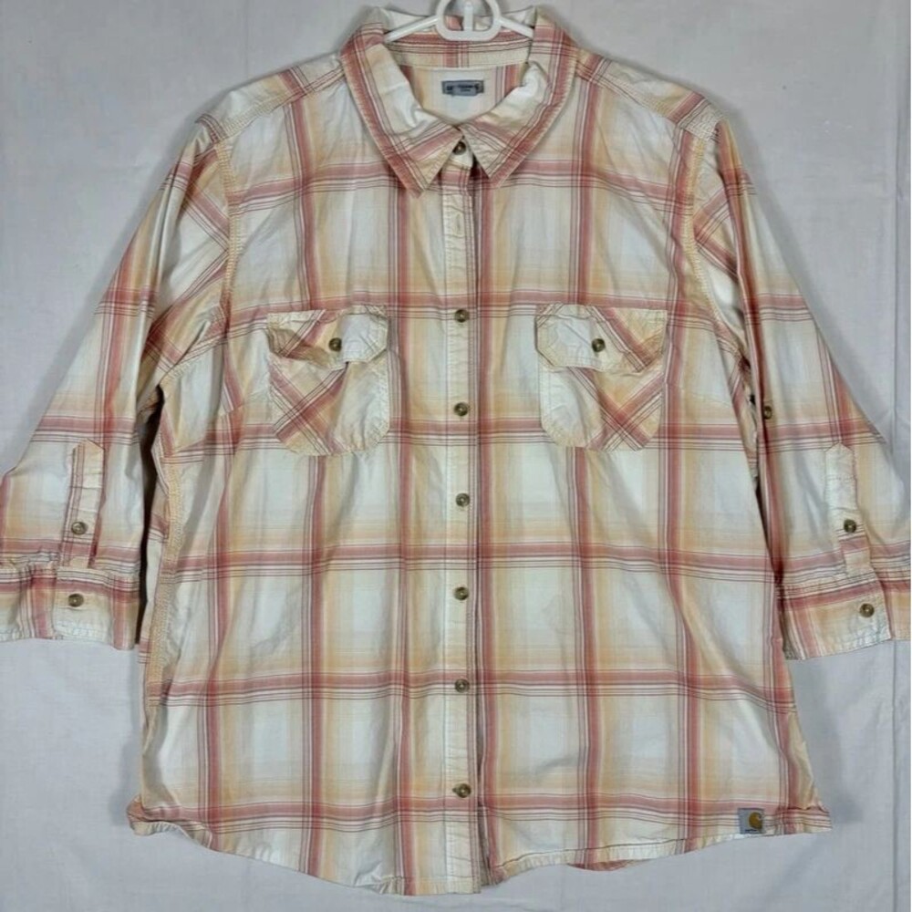 Carhartt 3/4 Sleeve Shirt Button Roll Tab White Pink Plaid Women’s 2XL Stretch